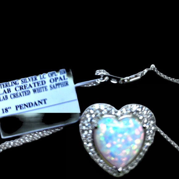 Sterling Silver Heart Shaped Lab Created Opal and Sapphire Necklace - Picture 2 of 7